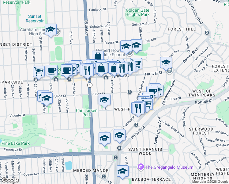 map of restaurants, bars, coffee shops, grocery stores, and more near 1444 Ulloa Street in San Francisco