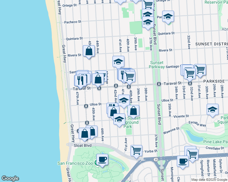 map of restaurants, bars, coffee shops, grocery stores, and more near 2423 42nd Avenue in San Francisco