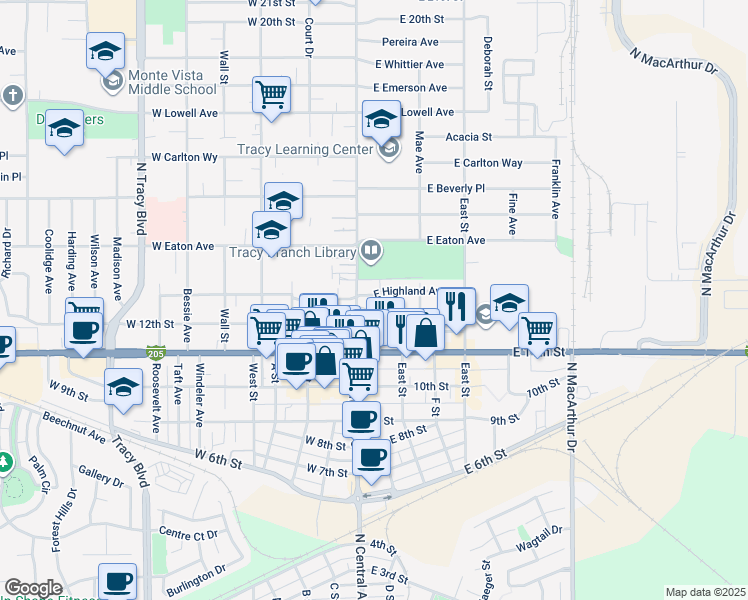 map of restaurants, bars, coffee shops, grocery stores, and more near 1241 El Portal Street in Tracy