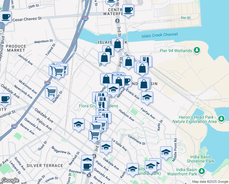 map of restaurants, bars, coffee shops, grocery stores, and more near 3911 3rd Street in San Francisco