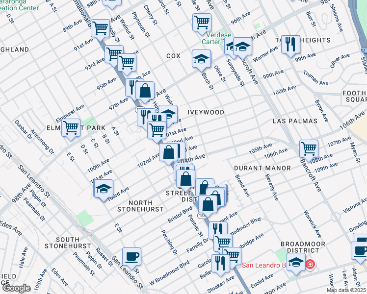 map of restaurants, bars, coffee shops, grocery stores, and more near 1459 103rd Avenue in Oakland