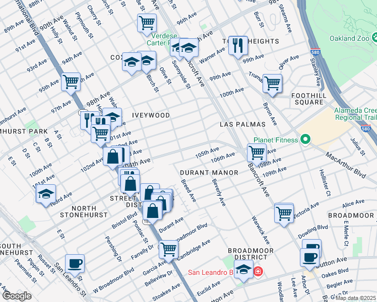 map of restaurants, bars, coffee shops, grocery stores, and more near 1920 104th Avenue in Oakland