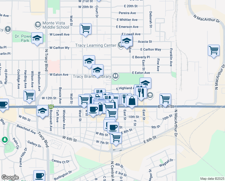 map of restaurants, bars, coffee shops, grocery stores, and more near 1241 El Portal Street in Tracy