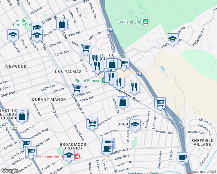 map of restaurants, bars, coffee shops, grocery stores, and more near 2526 108th Avenue in Oakland
