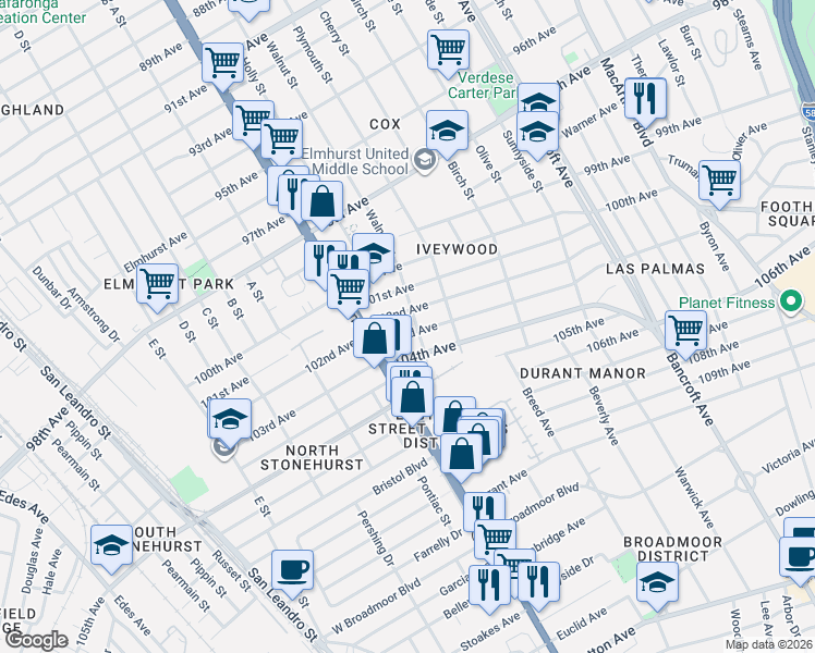 map of restaurants, bars, coffee shops, grocery stores, and more near 1611 103rd Avenue in Oakland