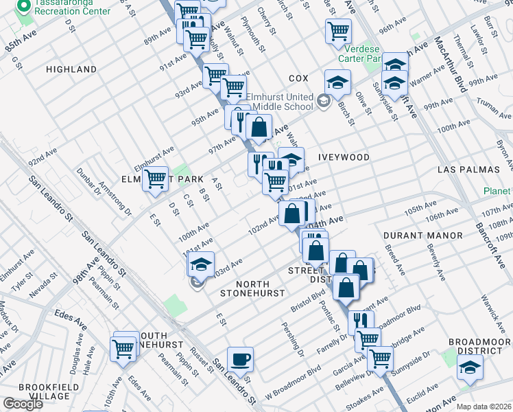 map of restaurants, bars, coffee shops, grocery stores, and more near 1288 100th Avenue in Oakland