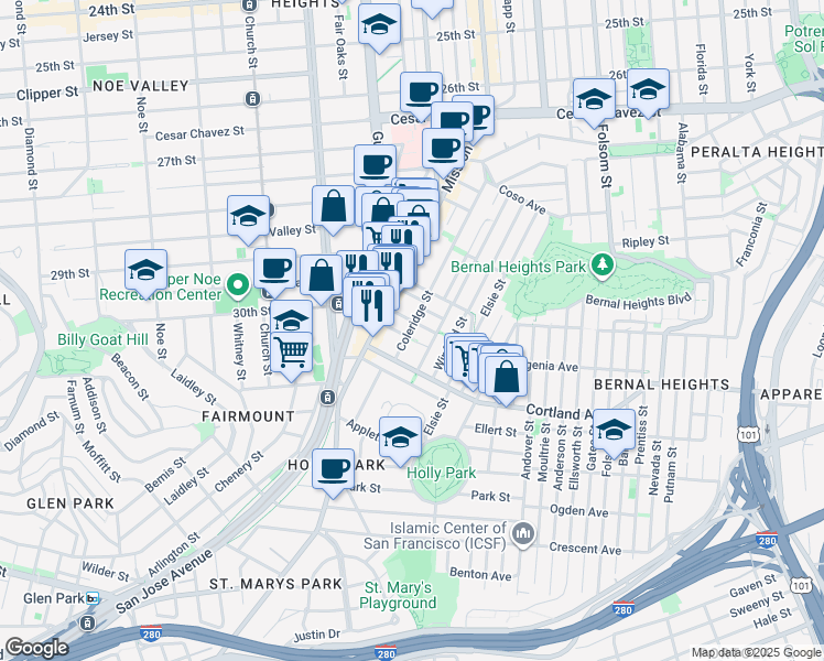 map of restaurants, bars, coffee shops, grocery stores, and more near 315 Coleridge Street in San Francisco