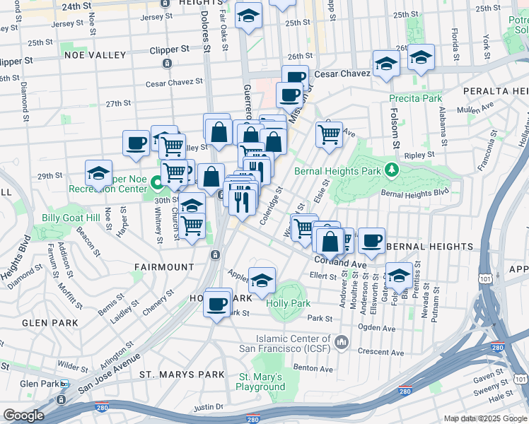 map of restaurants, bars, coffee shops, grocery stores, and more near 315 Coleridge Street in San Francisco