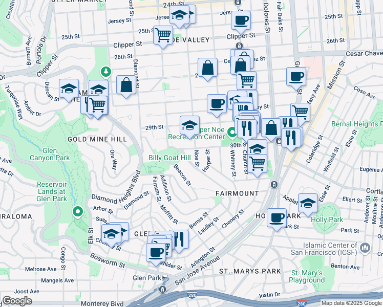 map of restaurants, bars, coffee shops, grocery stores, and more near 531 30th Street in San Francisco