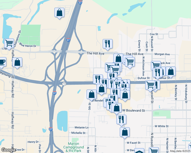 map of restaurants, bars, coffee shops, grocery stores, and more near 1906 Bittle Place in Marion