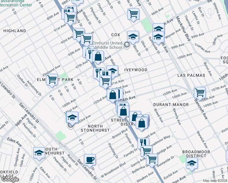 map of restaurants, bars, coffee shops, grocery stores, and more near 1428 102nd Avenue in Oakland