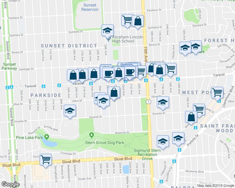 map of restaurants, bars, coffee shops, grocery stores, and more near 2474 23rd Avenue in San Francisco