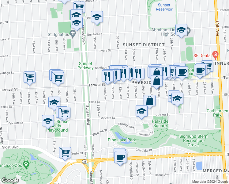 map of restaurants, bars, coffee shops, grocery stores, and more near 2444 33rd Avenue in San Francisco