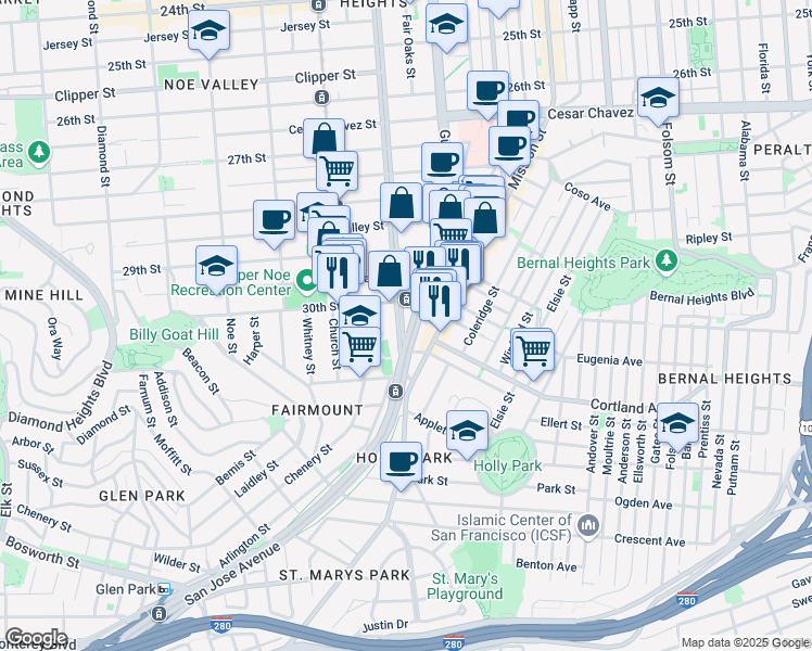 map of restaurants, bars, coffee shops, grocery stores, and more near 1761 Dolores Street in San Francisco
