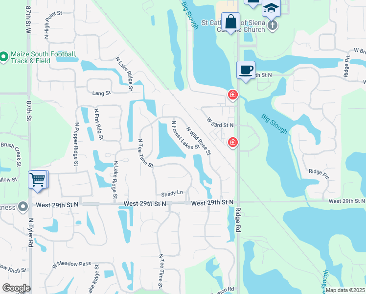map of restaurants, bars, coffee shops, grocery stores, and more near 3225 North Forest Lakes Street in Wichita