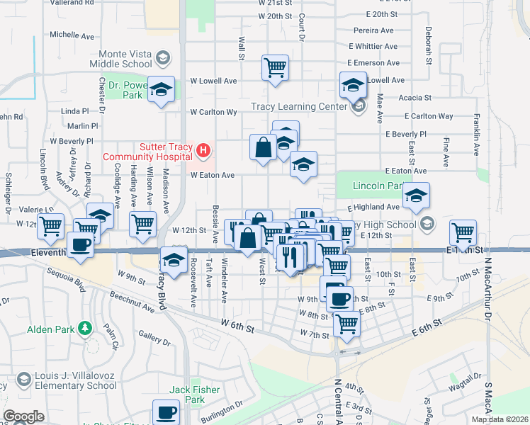 map of restaurants, bars, coffee shops, grocery stores, and more near 1245 Parker Avenue in Tracy
