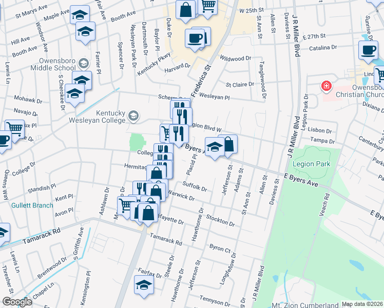 map of restaurants, bars, coffee shops, grocery stores, and more near 3206 Placid Pl in Owensboro