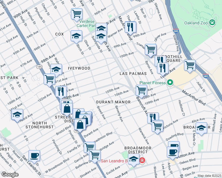 map of restaurants, bars, coffee shops, grocery stores, and more near 2025 105th Avenue in Oakland
