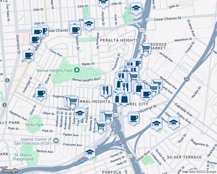 map of restaurants, bars, coffee shops, grocery stores, and more near 690 Peralta Avenue in San Francisco