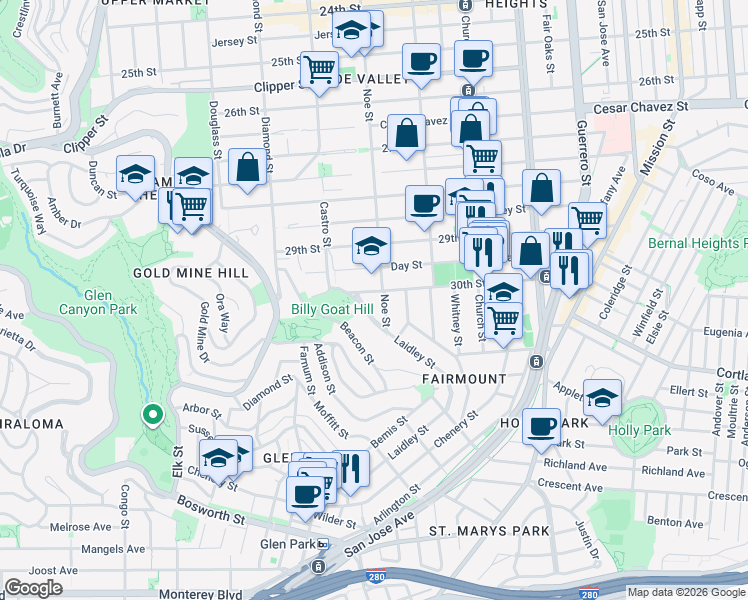 map of restaurants, bars, coffee shops, grocery stores, and more near 531 30th Street in San Francisco