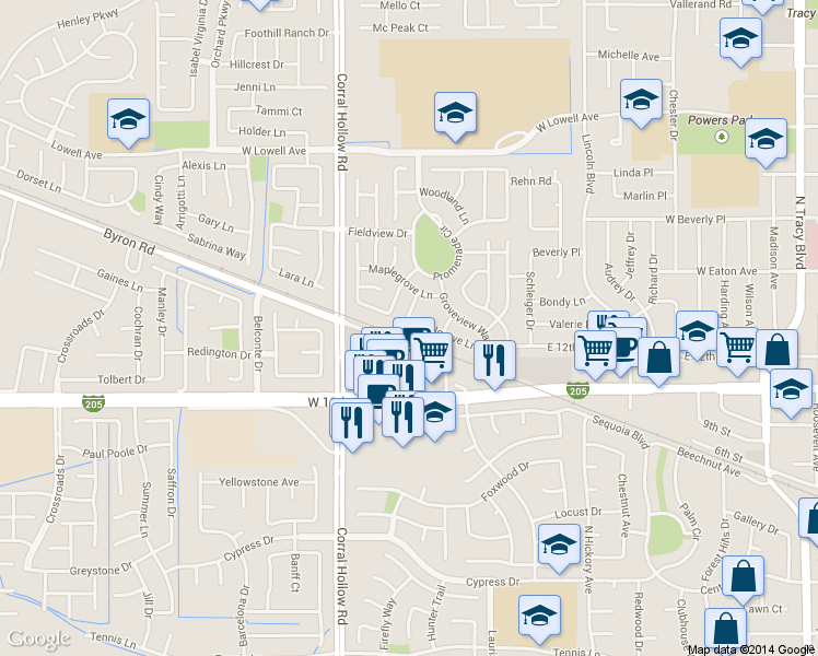 map of restaurants, bars, coffee shops, grocery stores, and more near 1880 Laurelgrove Lane in Tracy