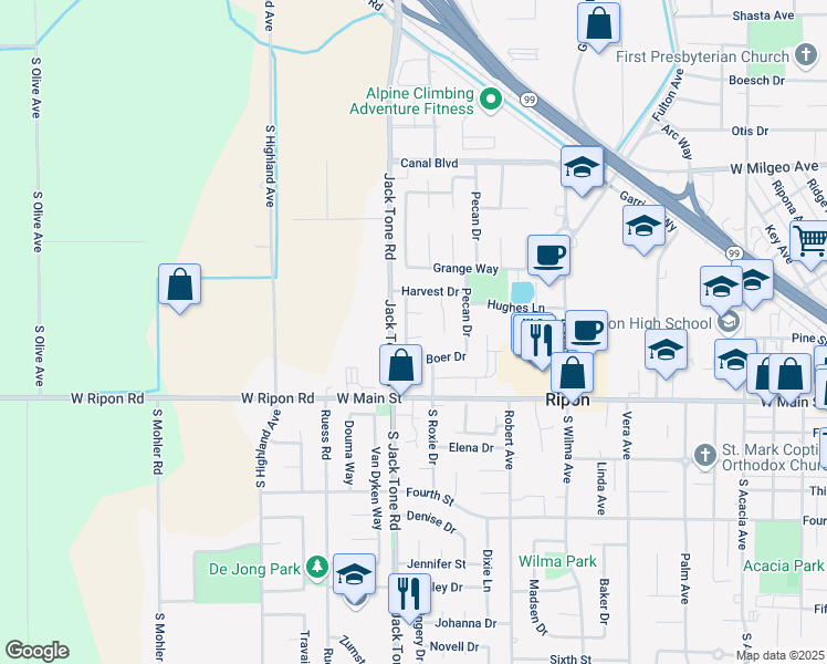 map of restaurants, bars, coffee shops, grocery stores, and more near 354 Blossom Drive in Ripon