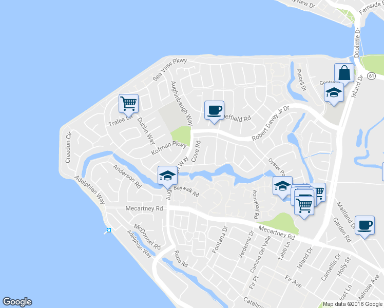map of restaurants, bars, coffee shops, grocery stores, and more near 35 Cove Road in Alameda