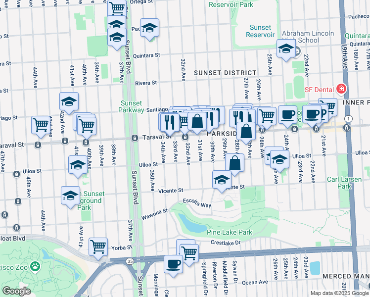 map of restaurants, bars, coffee shops, grocery stores, and more near 2447 32nd Avenue in San Francisco