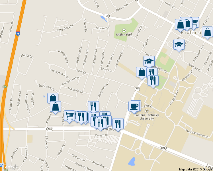 map of restaurants, bars, coffee shops, grocery stores, and more near 203 Ridgeway Drive in Richmond
