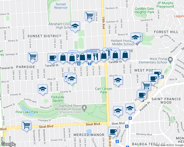 map of restaurants, bars, coffee shops, grocery stores, and more near 2477 21st Avenue in San Francisco
