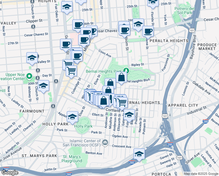 map of restaurants, bars, coffee shops, grocery stores, and more near 100 Andover Street in San Francisco