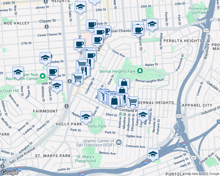 map of restaurants, bars, coffee shops, grocery stores, and more near 168 Bonview Street in San Francisco