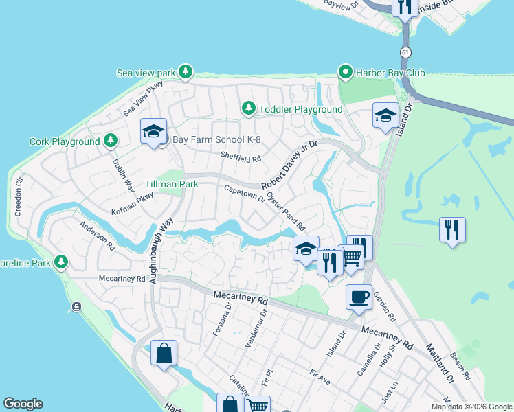 map of restaurants, bars, coffee shops, grocery stores, and more near 15 Captains Drive in Alameda