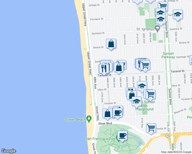 map of restaurants, bars, coffee shops, grocery stores, and more near 2400 Great Highway in San Francisco