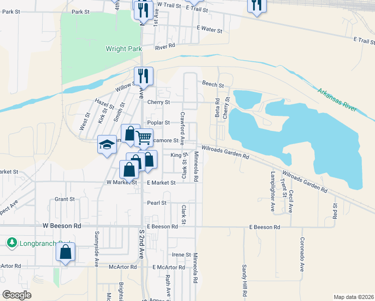 map of restaurants, bars, coffee shops, grocery stores, and more near 302 King Street in Dodge City