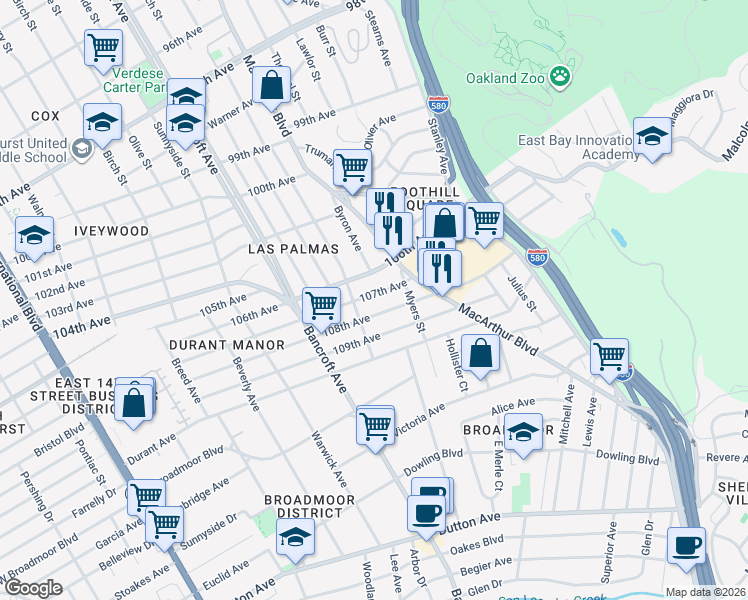 map of restaurants, bars, coffee shops, grocery stores, and more near 2380 107th Avenue in Oakland
