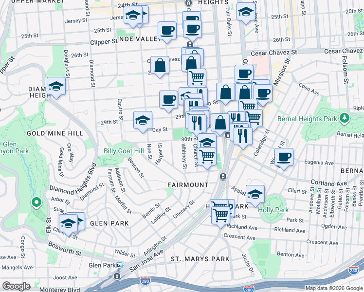 map of restaurants, bars, coffee shops, grocery stores, and more near 1713 Sanchez Street in San Francisco