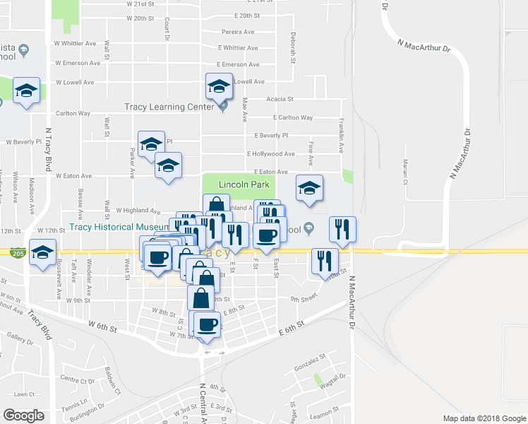 map of restaurants, bars, coffee shops, grocery stores, and more near 236 East Highland Avenue in Tracy