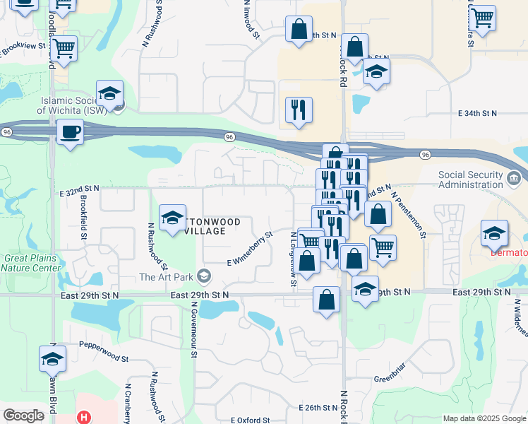 map of restaurants, bars, coffee shops, grocery stores, and more near 7534 East Winterberry Court in Wichita