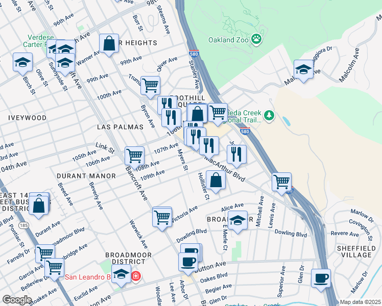 map of restaurants, bars, coffee shops, grocery stores, and more near 2526 108th Avenue in Oakland