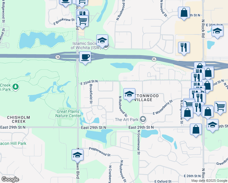 map of restaurants, bars, coffee shops, grocery stores, and more near 3222 North Cranberry Street in Wichita