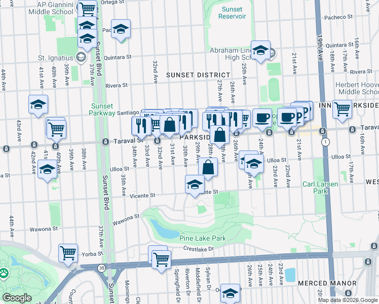 map of restaurants, bars, coffee shops, grocery stores, and more near 2454 30th Avenue in San Francisco