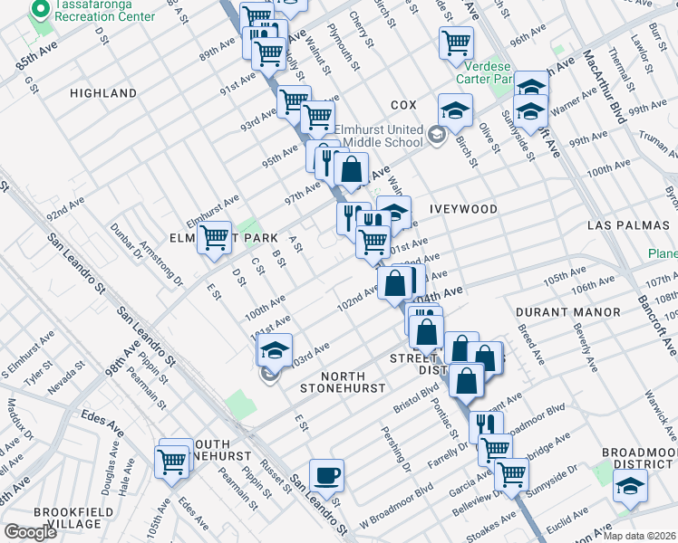 map of restaurants, bars, coffee shops, grocery stores, and more near 1288 100th Avenue in Oakland