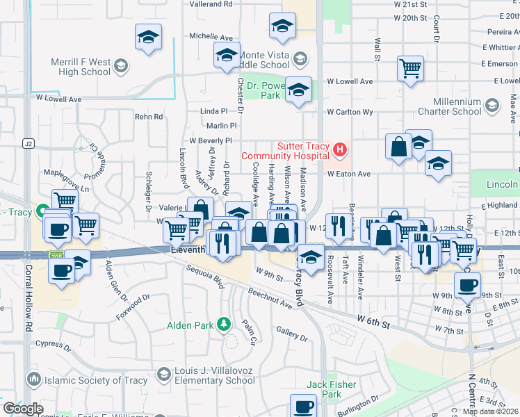 map of restaurants, bars, coffee shops, grocery stores, and more near 1250 Coolidge Avenue in Tracy