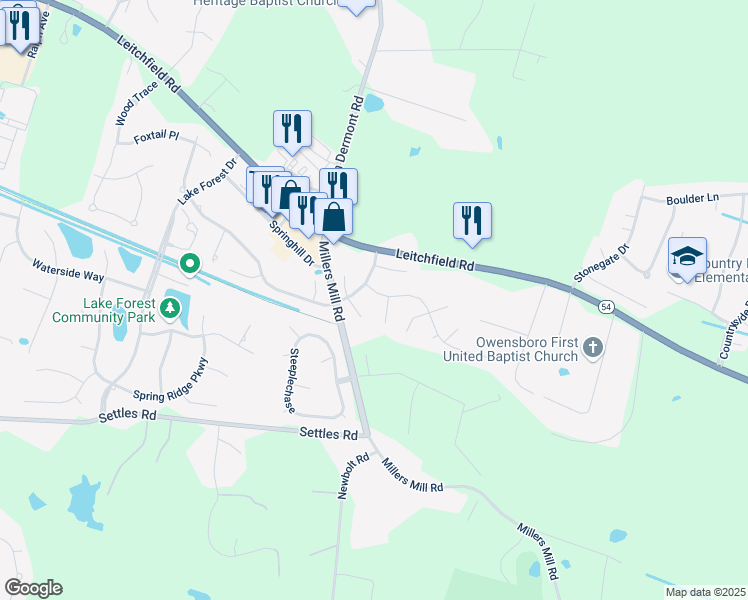 map of restaurants, bars, coffee shops, grocery stores, and more near 3310 Old Mill Ln in Owensboro