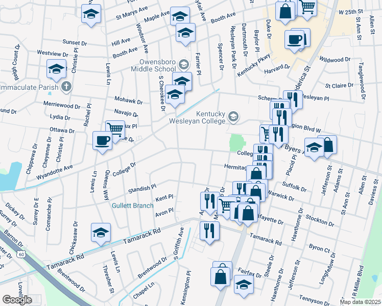 map of restaurants, bars, coffee shops, grocery stores, and more near 1310 College Drive in Owensboro