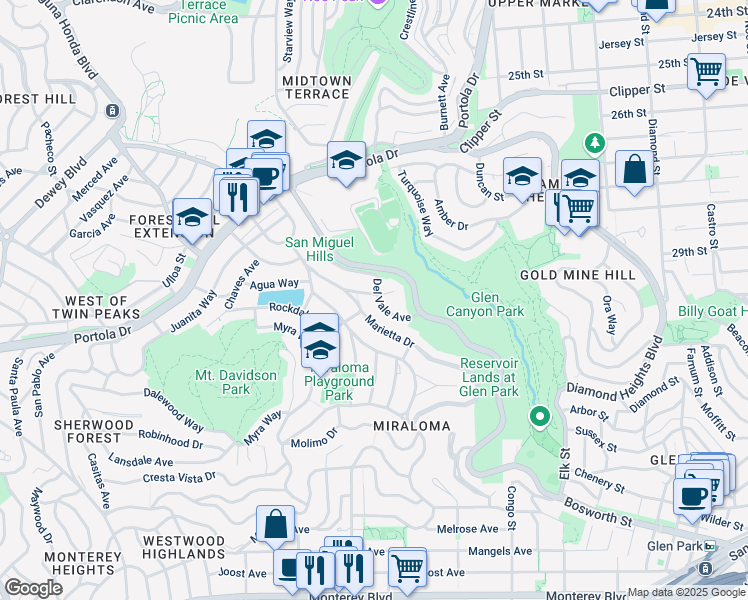map of restaurants, bars, coffee shops, grocery stores, and more near 107 Encline Court in San Francisco