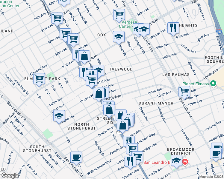 map of restaurants, bars, coffee shops, grocery stores, and more near 1611 103rd Avenue in Oakland
