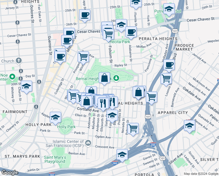 map of restaurants, bars, coffee shops, grocery stores, and more near 3600 Folsom Street in San Francisco
