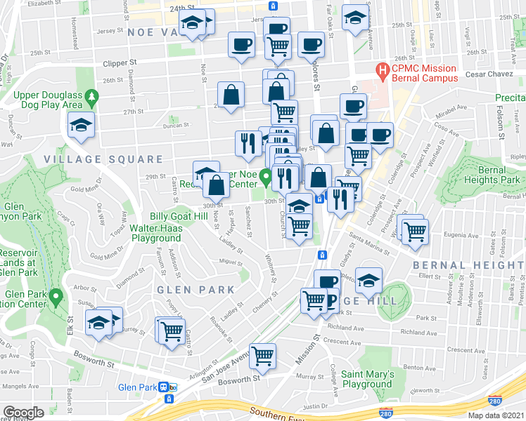 map of restaurants, bars, coffee shops, grocery stores, and more near 1713 Sanchez Street in San Francisco